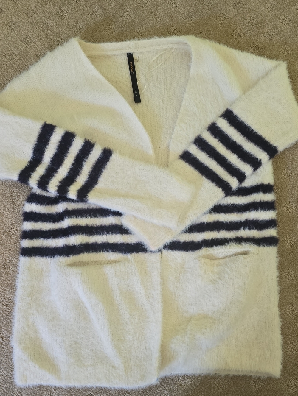 Fuzzy White V-Neck Striped Women’s Sweater